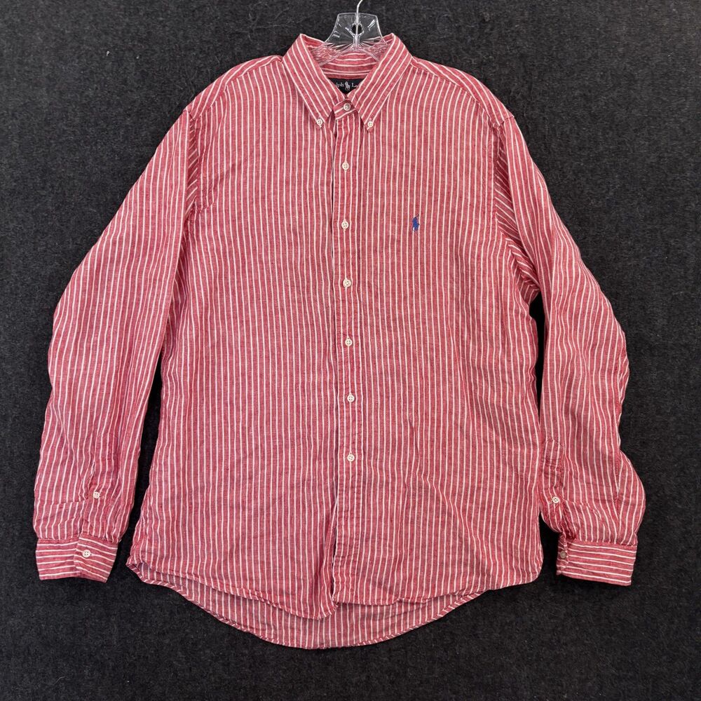 Ralph Lauren Shirt Men's XL Red White Stripe 100% Linen Custom Fit Summer Casual